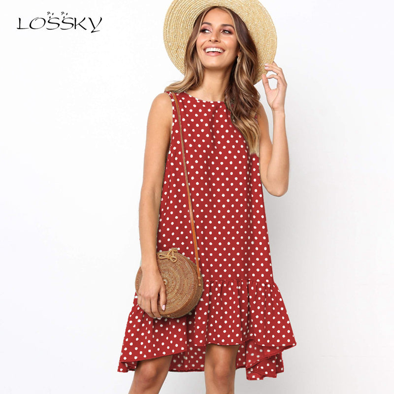 Lossky Women Summer Dress Polka Dot Chiffon Sleeveless Beach Mini Casual