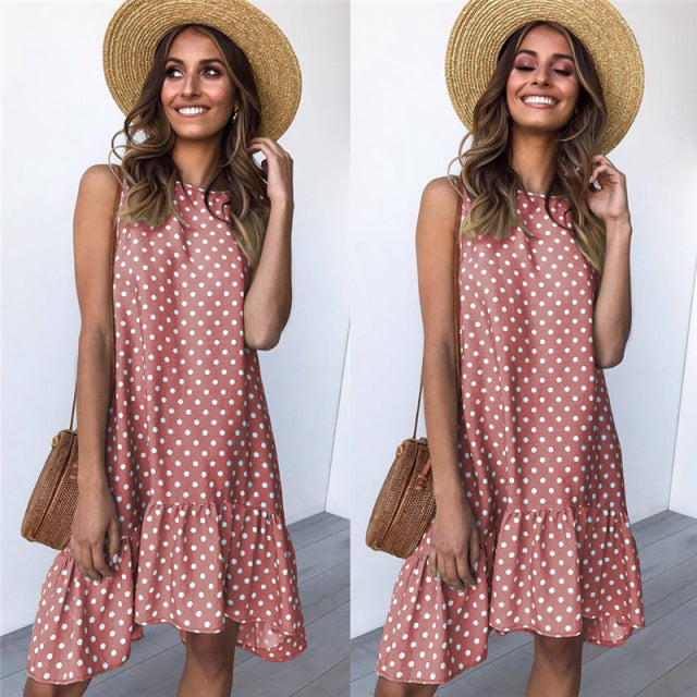 Lossky Women Summer Dress Polka Dot Chiffon Sleeveless Beach Mini Casual