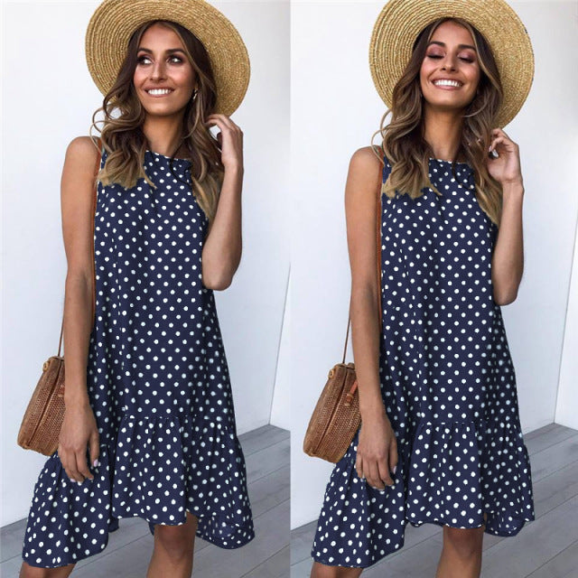 Lossky Women Summer Dress Polka Dot Chiffon Sleeveless Beach Mini Casual