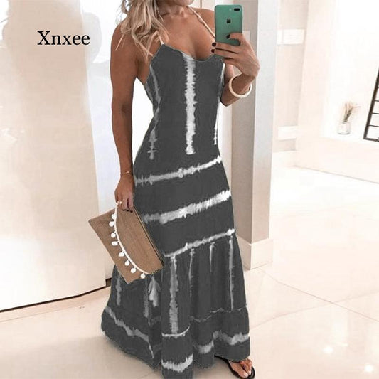 Plus Size Large Stripe Printing Dresses Women Casual Loose Strap Dress Colors Summer Sexy Boho Bow Camis Party Maxi Dress Robe