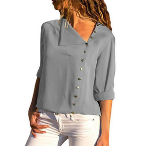 Women blouses  Long Sleeve Skew Collar Chiffon Blouse Casual Tops Plus Size Elegent Work Wear Shirt